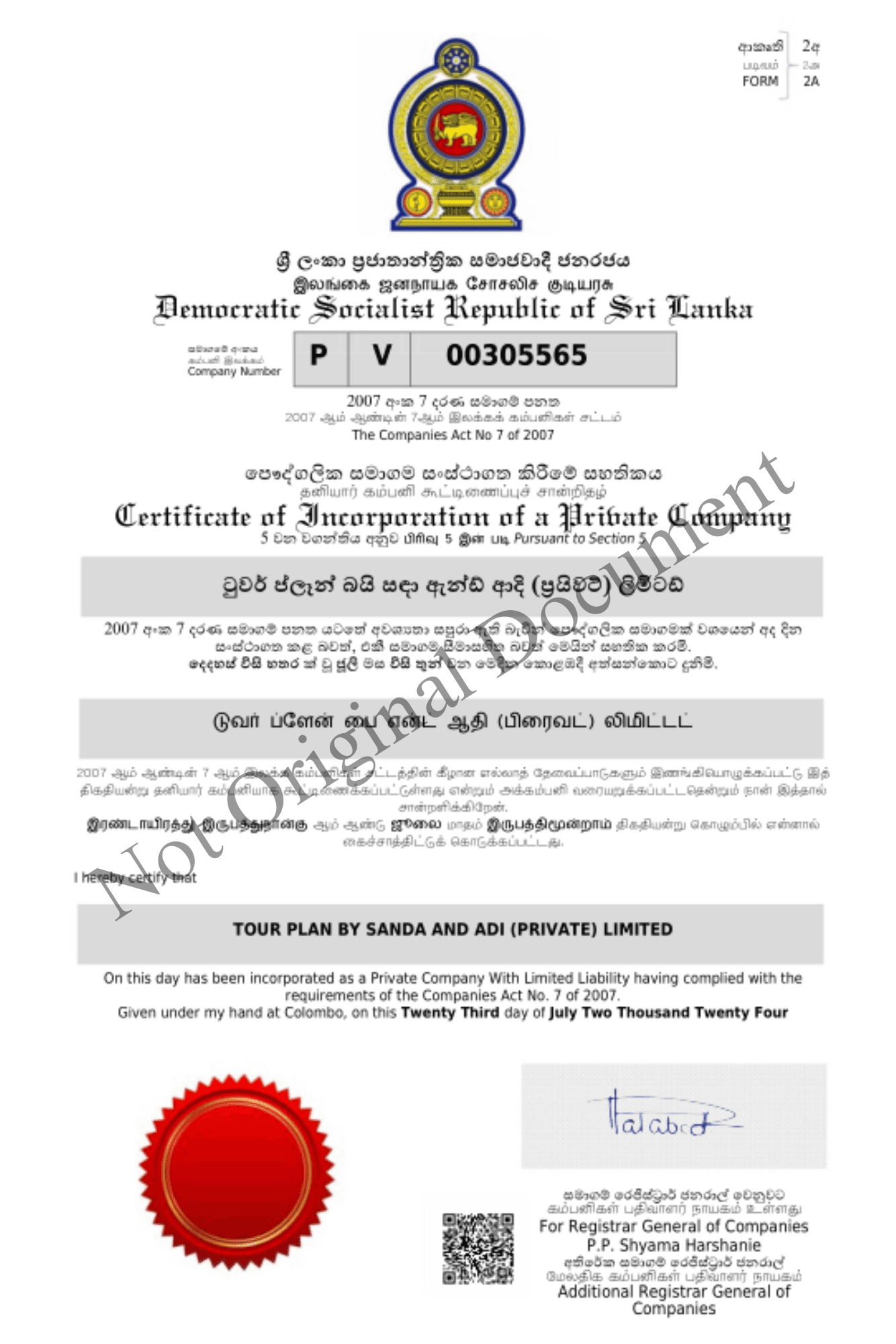 Certificate of incorporation for Tour Plan by Sanda & Adi (Pvt) Ltd, company number PV 00305565
